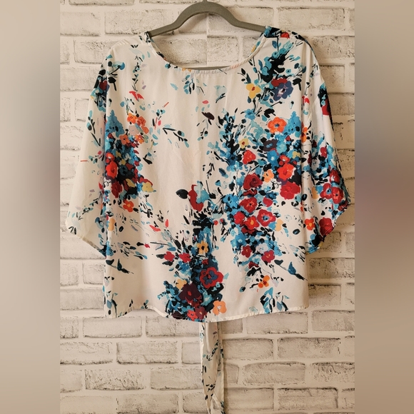 Chiffon V-neck, tie at the bottom with bat wings sleeves size Large - Picture 2 of 6